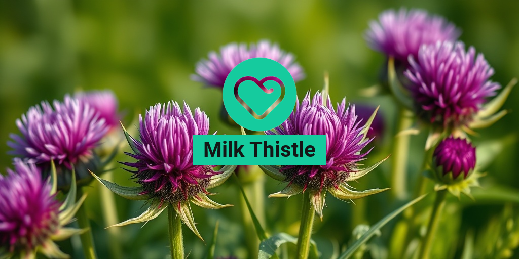 Close-up of fresh milk thistle plants showcasing vibrant green leaves and striking purple flowers against a soft green backdrop. • Yesil Health AI