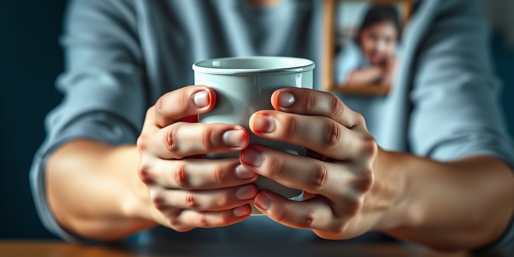 Close-up of hands attempting to grasp a cup, highlighting frustration and determination against a calming blue background. 2.png