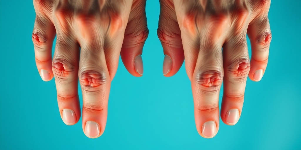 Close-up of hands showing Raynaud's phenomenon, highlighting color changes and joint swelling against a soft blue background.  2.png