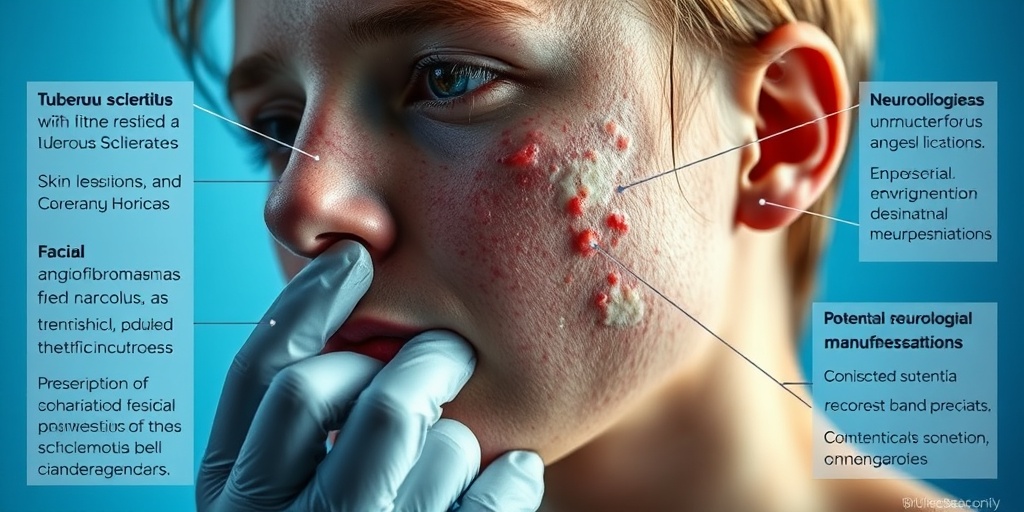 Close-up of skin lesions and facial angiofibromas, with a medical professional examining the skin in a caring manner.  2.png
