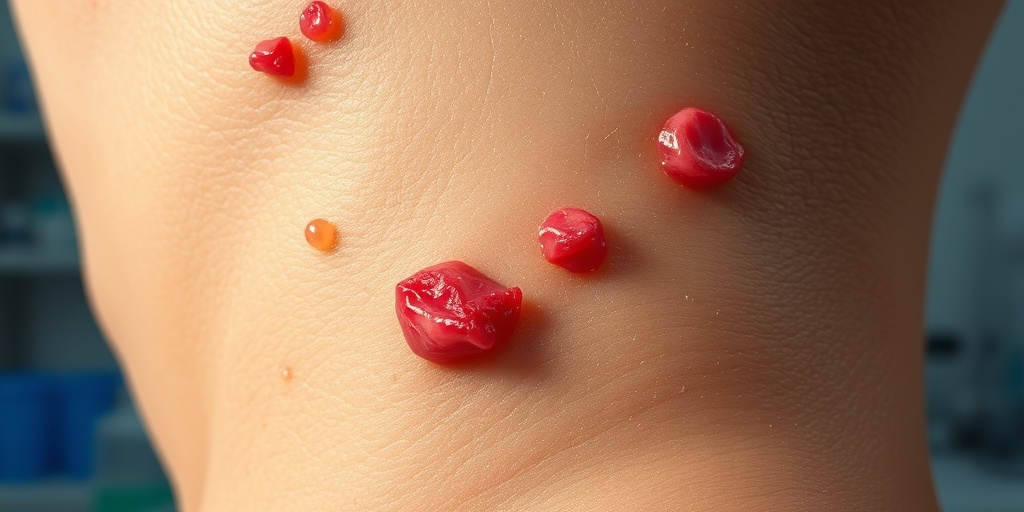 Close-up of skin lesions characteristic of Guenther Porphyria, illuminated softly against a blurred lab background. 2.png