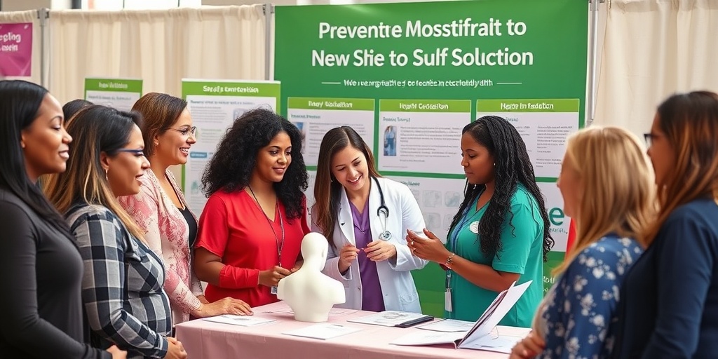 Community health fair scene with women learning self-examination techniques, promoting education and proactive breast health measures.  5.png