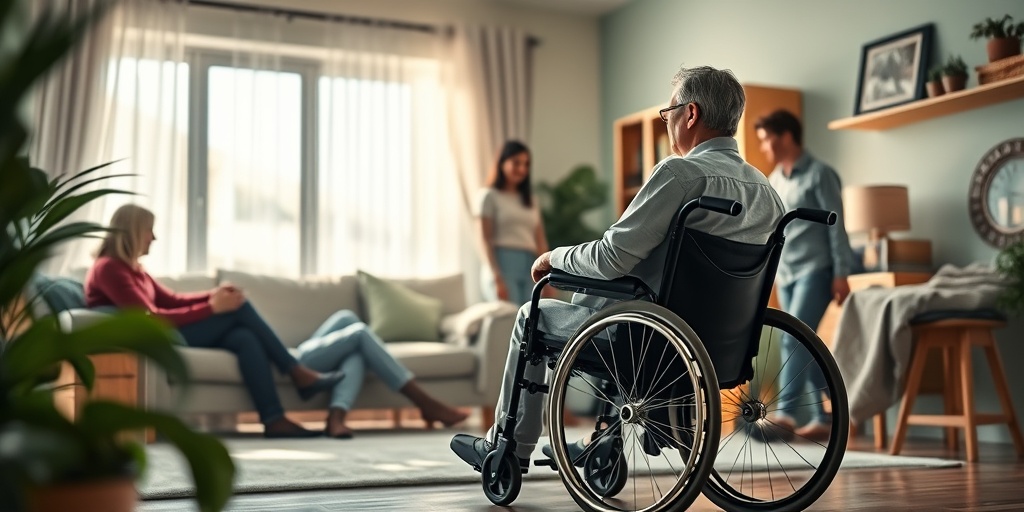 Daily life with spinal cord injury is depicted, featuring adaptive technologies and warm lighting, emphasizing community support in a home environment.  5.png