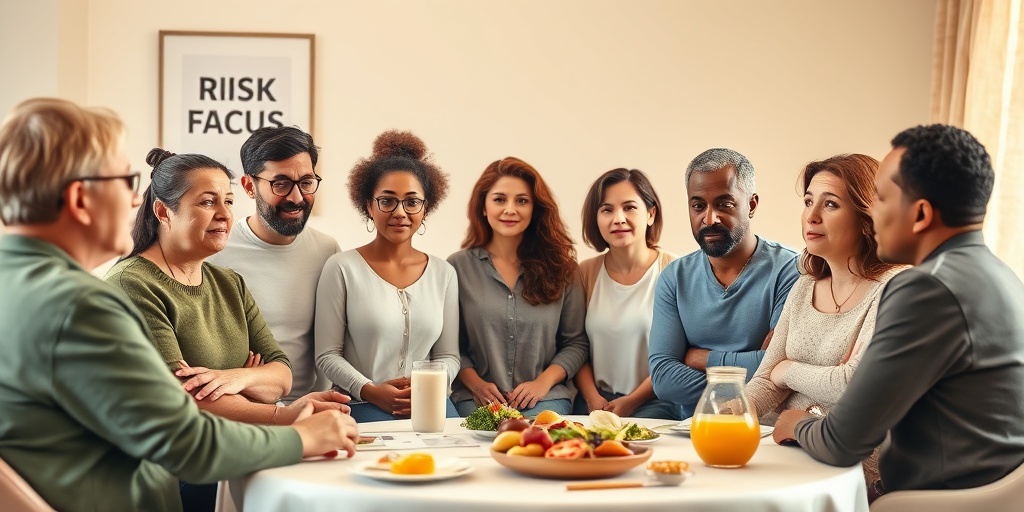 Diverse individuals in a support group, sharing experiences about food addiction with charts and food items present. 3.png