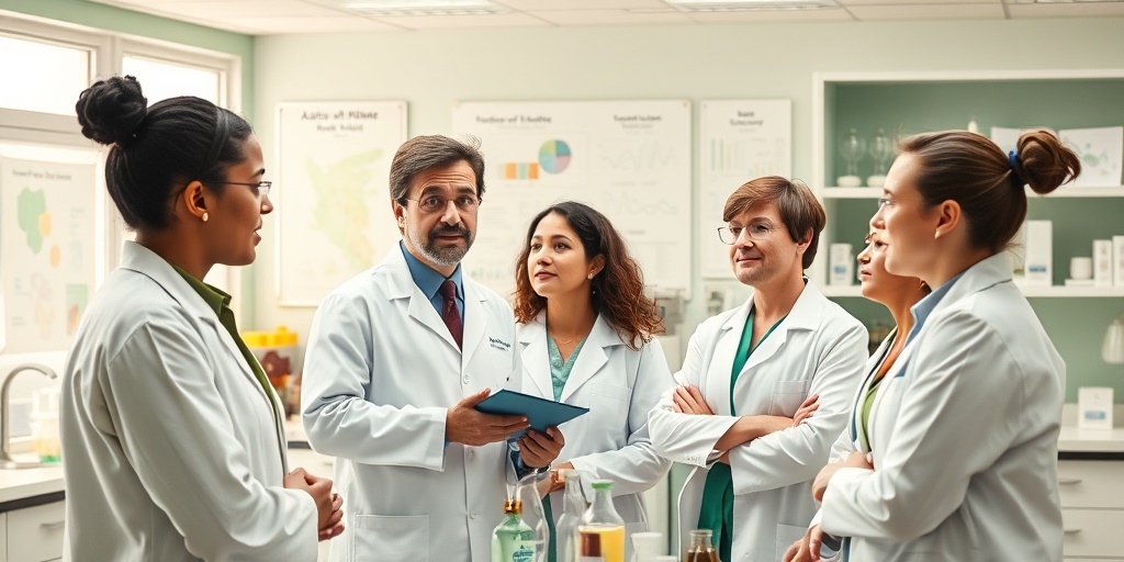 Diverse researchers collaborate in a modern lab, discussing autism causes with scientific equipment around them.3.png