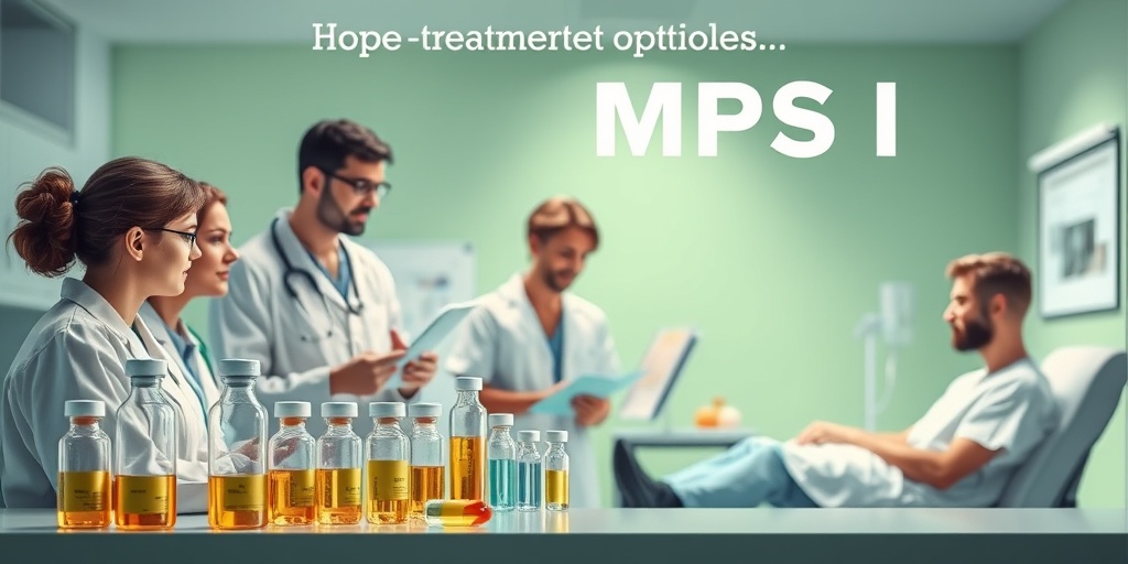 Healthcare professionals discuss enzyme replacement therapy in a modern medical setting, emphasizing hope for MPS I treatment.  4.png