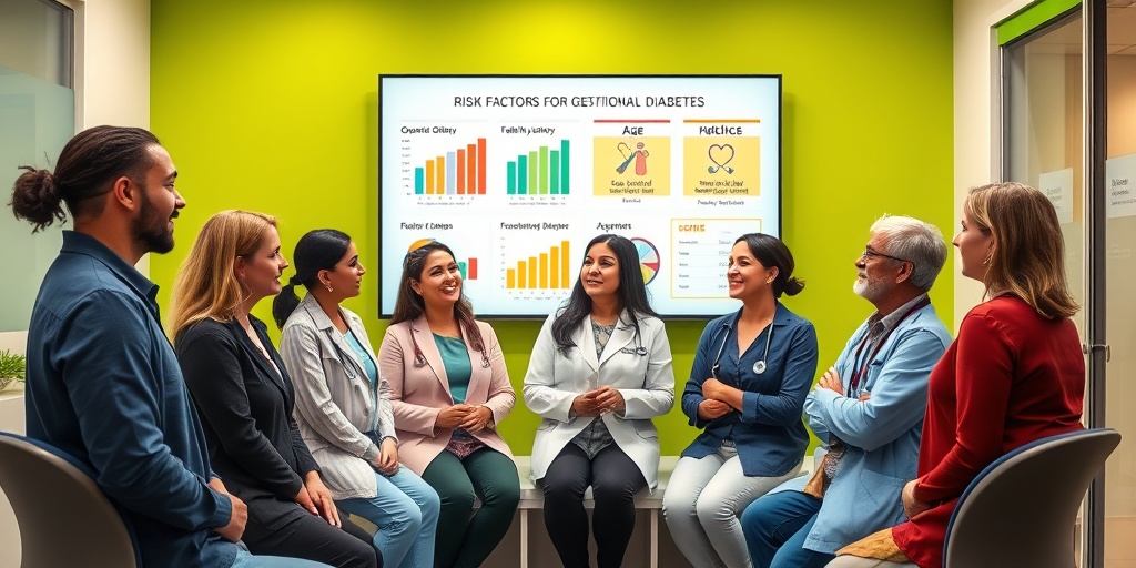 Healthcare professionals discuss gestational diabetes risk factors in a bright clinic, emphasizing education and prevention strategies.  3.png