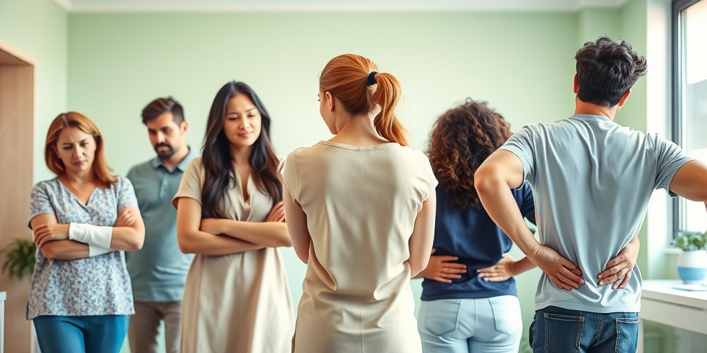 Individuals in a clinic display common injury symptoms, showcasing hope and healing in a bright, welcoming environment. 3.png