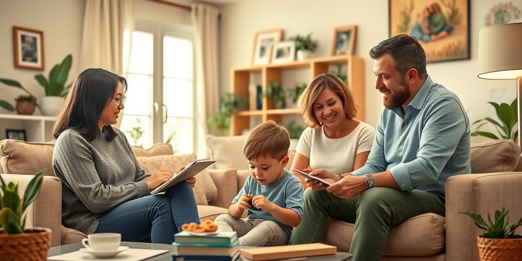 Parents discuss strategies to support their child with ADHD, while the child plays quietly with a fidget toy nearby.4.png