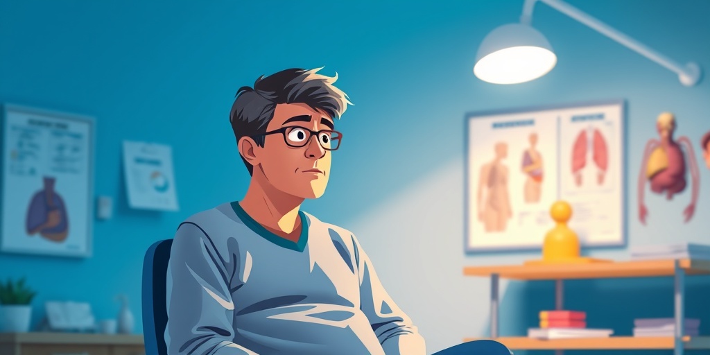 Patient in a doctor's office displaying symptoms of HHT, with medical charts and a calming blue backdrop.  2.png