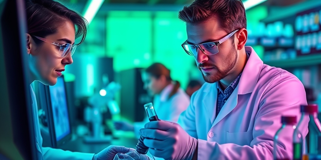 Scientists collaborate in a high-tech lab, analyzing data and samples, symbolizing hope for Guenther Porphyria research. 5.png