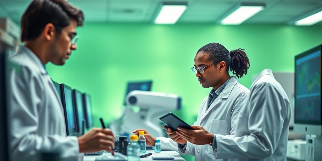 Scientists collaborate in a lab, utilizing advanced technology to research Sudanophilic Leukodystrophy therapies, illuminated by bright, focused lighting.5.png