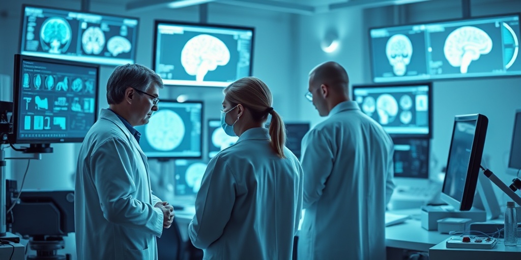 Scientists collaborating in a lab on Alobar Holoprosencephaly research, showcasing advanced technology and a hopeful future. 5.png