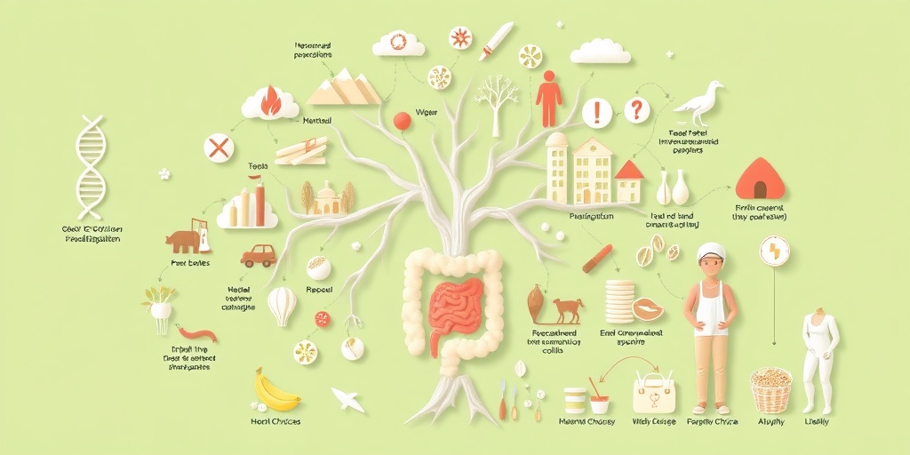 Symbolic representations of ulcerative colitis risk factors, including a family tree and unhealthy food choices against a gentle green backdrop.3.png