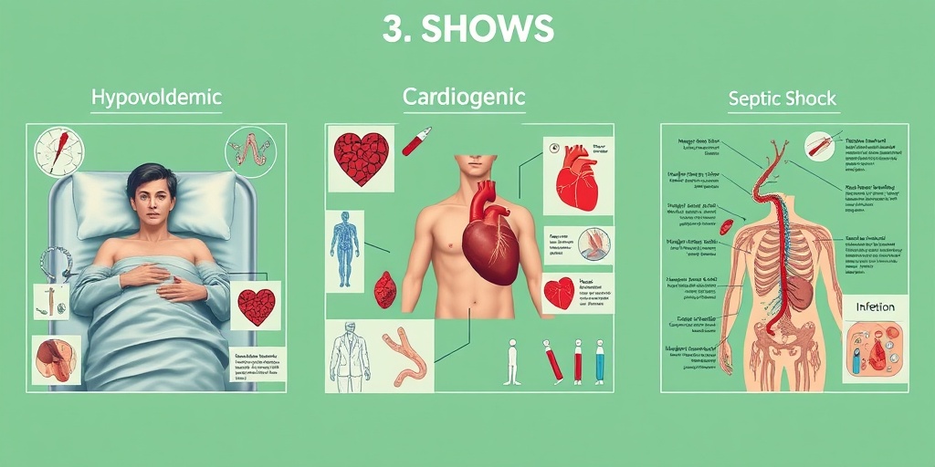 Three sections illustrate types of shock: hypovolemic, cardiogenic, and septic, each with distinct patient scenarios.2.png