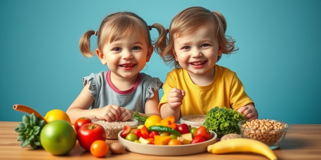 Two toddlers joyfully share a colorful meal of healthy foods, creating a cheerful and nurturing atmosphere.  4.png