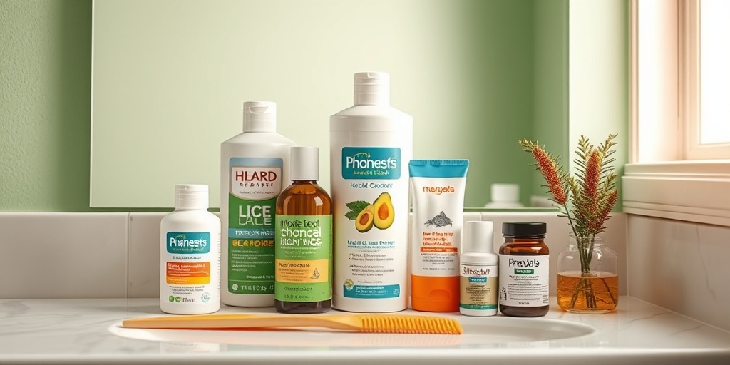 Various lice treatment options are displayed on a bathroom counter, arranged aesthetically against a soft green background.  4.png