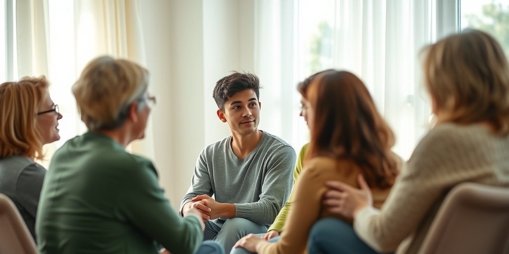 Young adults share experiences in a supportive group therapy session, fostering community and resilience in a bright, airy room.  5.png