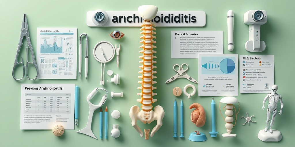A 3D render illustrates risk factors for arachnoiditis, featuring surgical instruments and anatomical models against a calming backdrop.3.png