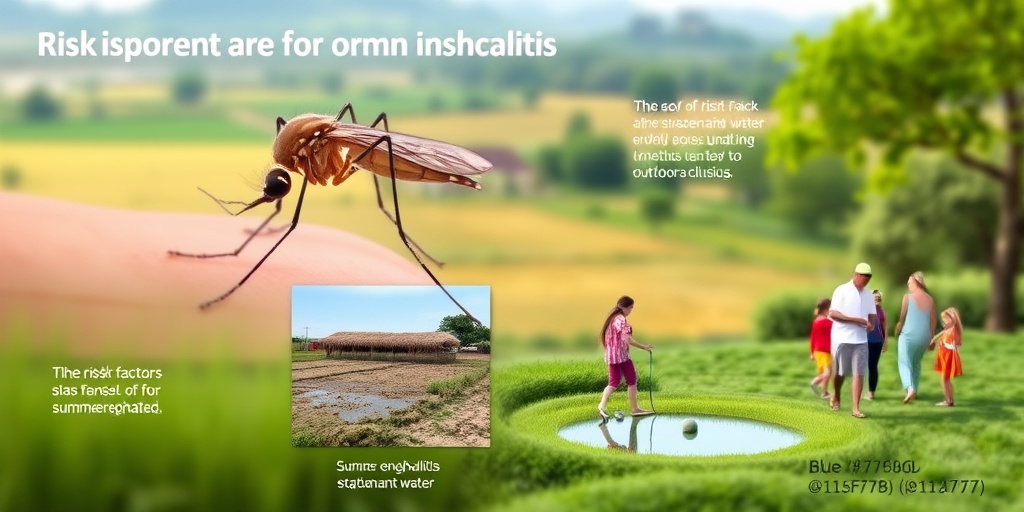 A 3D render illustrating summer encephalitis risk factors, featuring a mosquito and people enjoying outdoor activities.  3.png