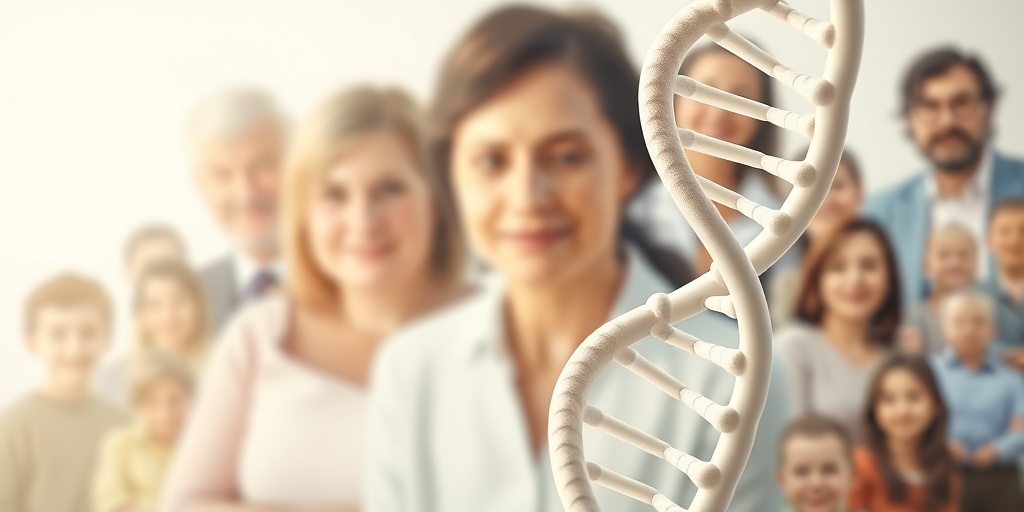 A DNA double helix stands out against family portraits, illustrating genetic links to breast cancer in a calm atmosphere.  3.png