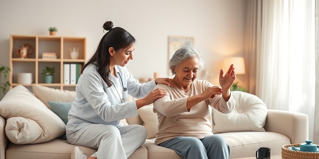 A caregiver assisting a patient with gentle exercises in a cozy living room, emphasizing comfort and care for Reflex Neurovascular Dystrophy.4.png