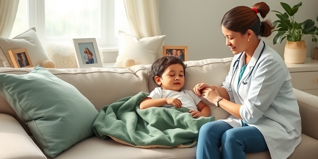 A caregiver checks a child's vitals after an epinephrine shot, creating a comforting atmosphere in a softly lit room.  4.png