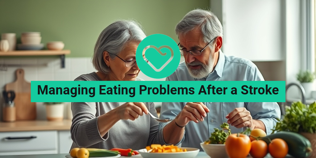 A caregiver supports a stroke survivor in a bright kitchen, showcasing fresh produce and adaptive utensils. • Yesil Health AI