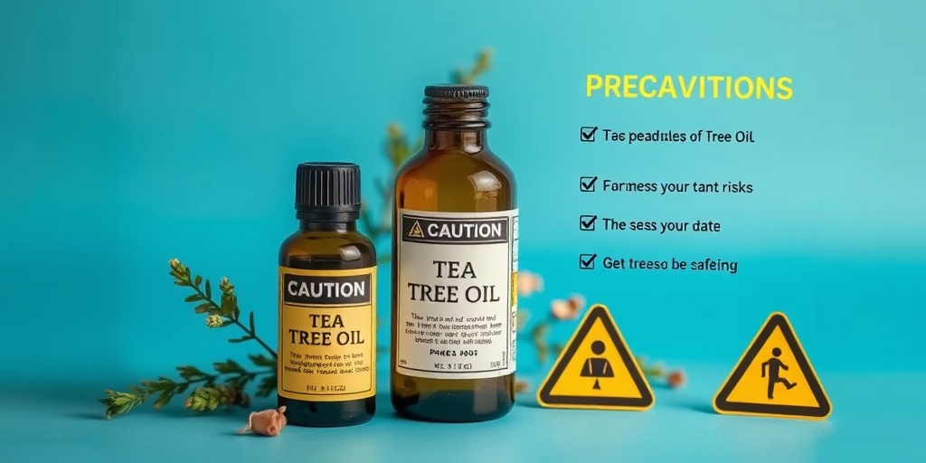 A cautionary scene featuring tea tree oil with a warning label, emphasizing safety tips against a subtle blue background.  4.png