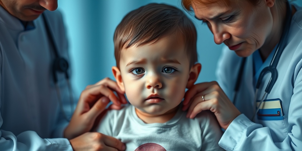 A child in a clinical setting showing symptoms of Glucosyl Ceramide Lipidosis, surrounded by caring medical professionals.  2.png