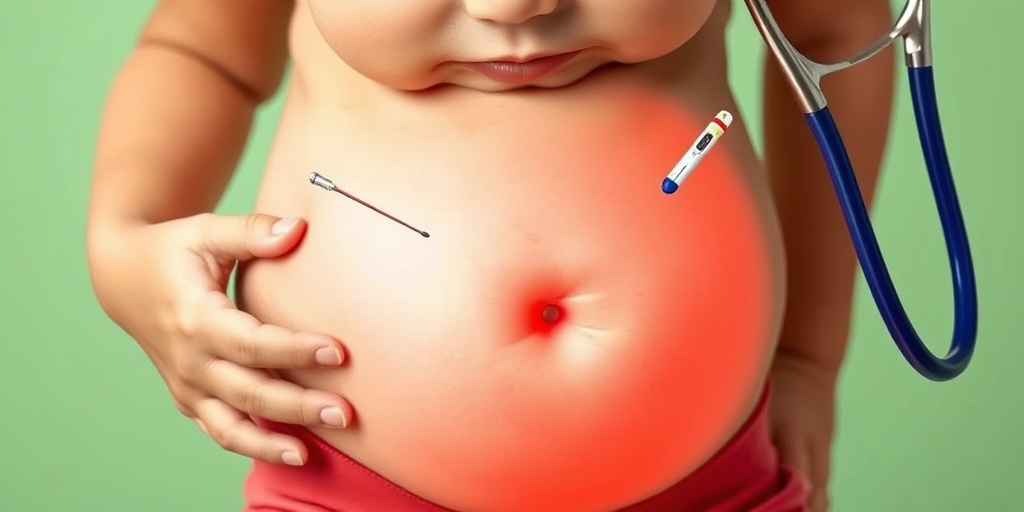 A child shows discomfort from abdominal distension, with a warm background symbolizing hope and healing.  2.png