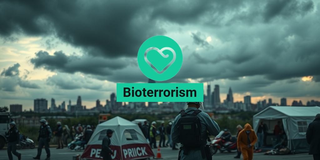 A cityscape under a dramatic sky, emergency responders assist civilians amid a bioterrorism attack scenario. β’ Yesil Health AI