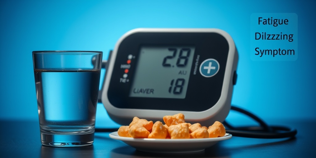 A close-up of a digital blood pressure monitor shows low readings, with water and salty snacks nearby.  2.png