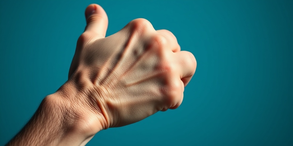 A close-up of an aged hand gripping a therapy ball, showcasing the struggle against ALS muscle weakness and perseverance.  2.png