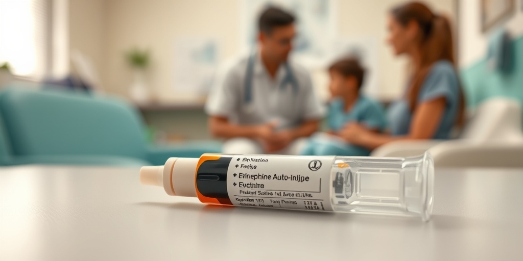 A close-up of an epinephrine auto-injector on a table, with a medical professional discussing its importance in the background.  2.png