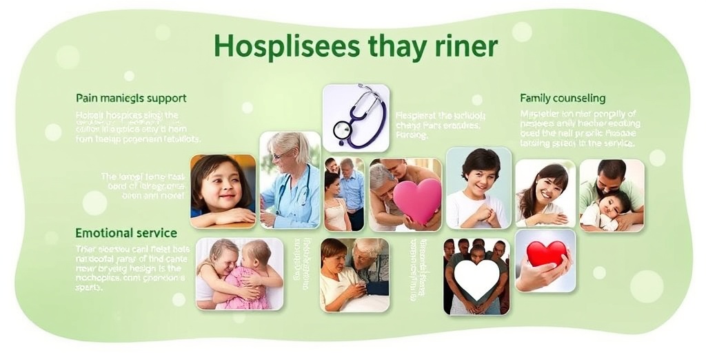 A collage illustrating hospice services like pain management and emotional support, set against a calming green background.  3.png