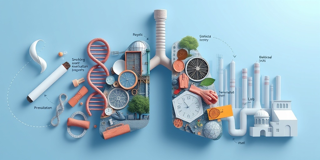 A collage of risk factors for lung carcinoid tumors, featuring symbolic objects like cigarettes and DNA strands on a serene blue background.3.png