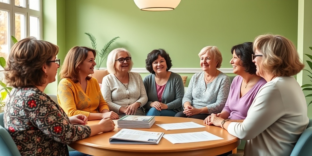 A community support group for cervical cancer survivors, featuring diverse women sharing stories in a bright, welcoming environment.  5.png