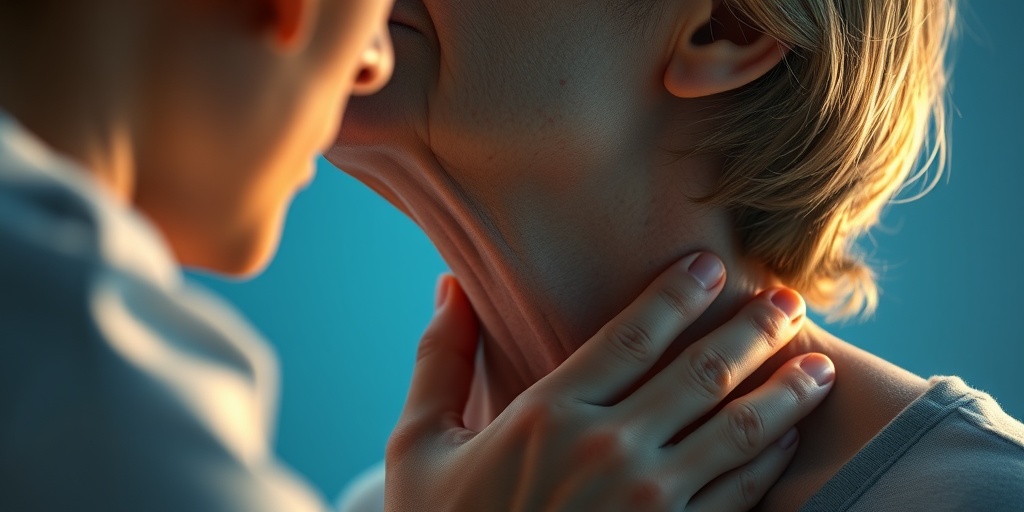 A concerned individual touching their neck, expressing discomfort, with a serene blue backdrop enhancing emotional depth.  2.png