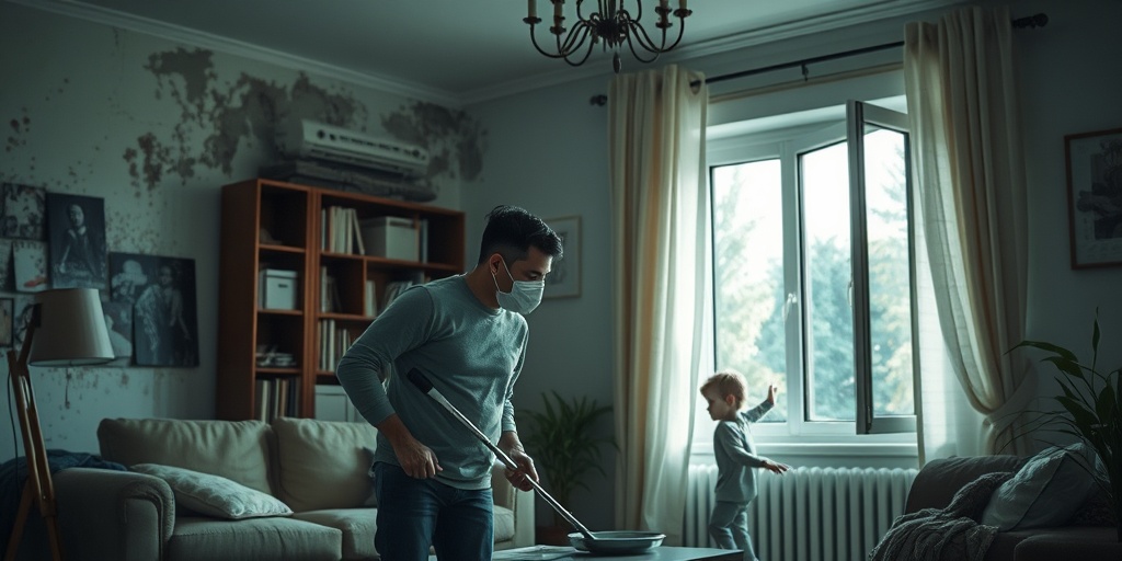 A concerned parent cleans a dusty living room while a child plays, highlighting asthma triggers.  2.png