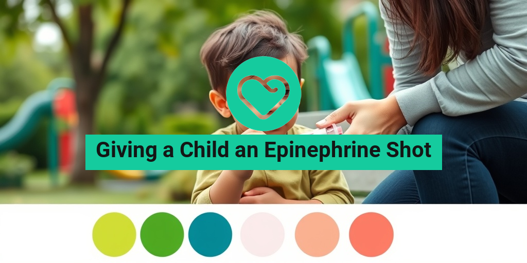 A concerned parent kneels beside their anxious child, preparing an epinephrine shot in a vibrant park setting. • Yesil Health AI