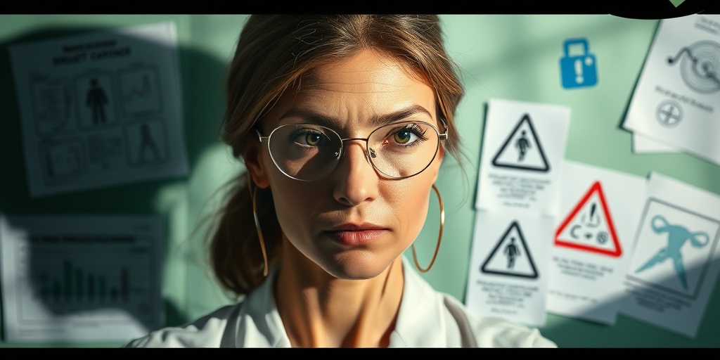 A contemplative woman surrounded by medical charts reflects on the risks of oophorectomy in a calming setting.3.png