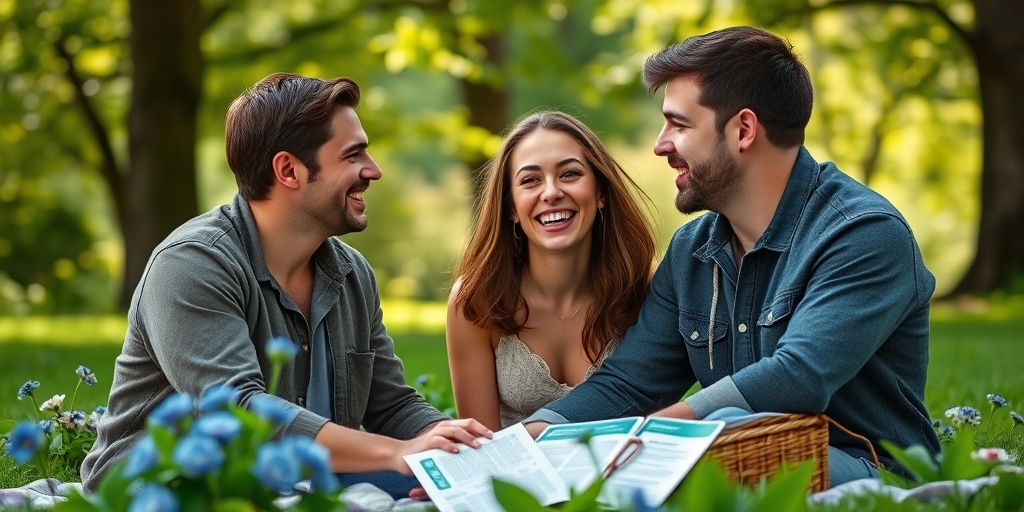 A couple smiles and holds hands in a park, discussing safe sex benefits amidst a vibrant, natural backdrop.  2.png