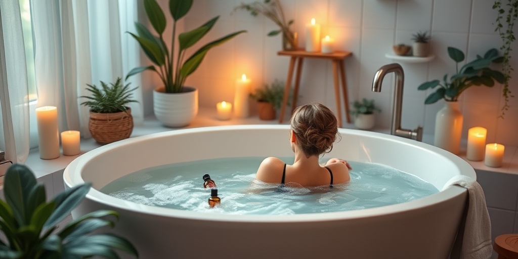 A cozy home hydrotherapy setup with a person enjoying a warm bath, surrounded by candles and soothing decor.  5.png