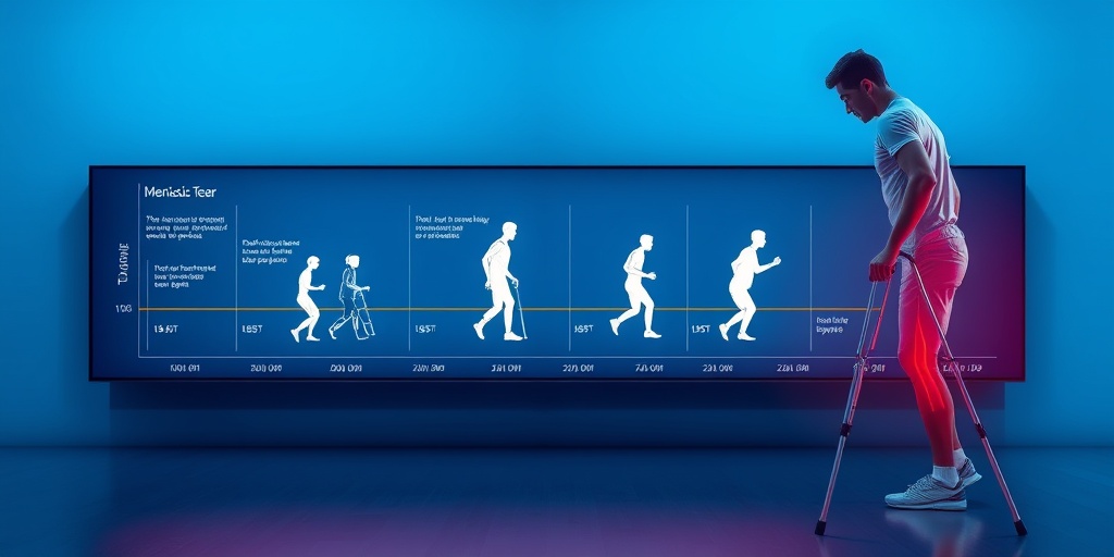 A digital timeline displays recovery milestones for a meniscus tear, featuring a patient progressing through rehabilitation stages.  5.png
