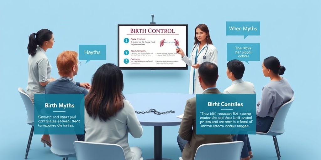 A diverse group debunks birth control myths with engaging visuals, emphasizing education and awareness in a bright, focused setting.  5.png