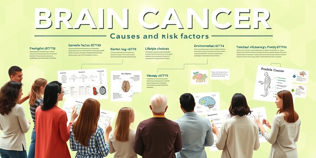 A diverse group discusses brain cancer causes, using visual aids in a bright, educational setting of green and creamy whites. 3.png