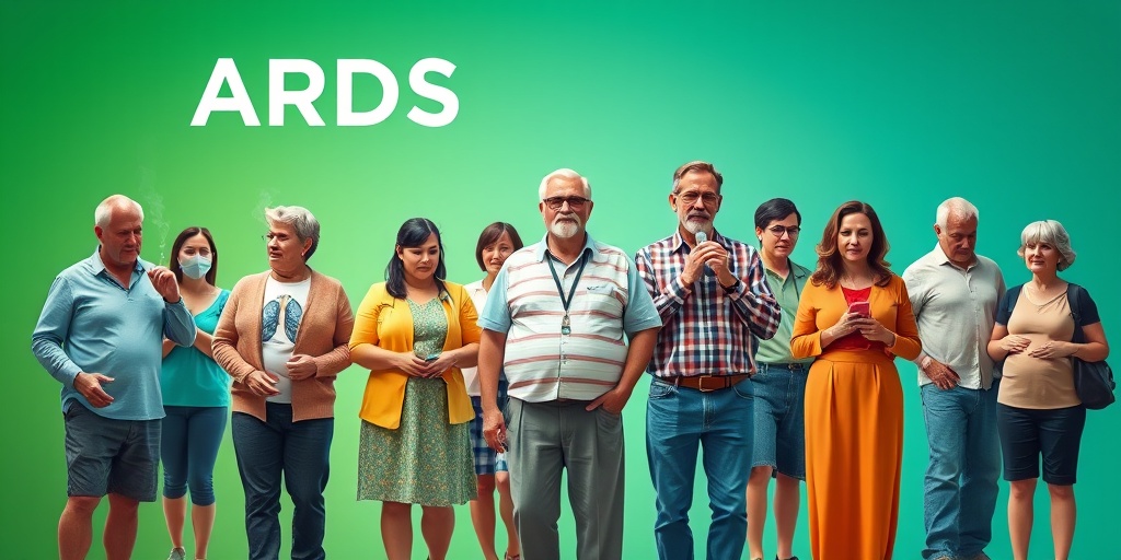 A diverse group illustrates ARDS risk factors, engaging in activities like smoking, set against a health-focused background.  3.png