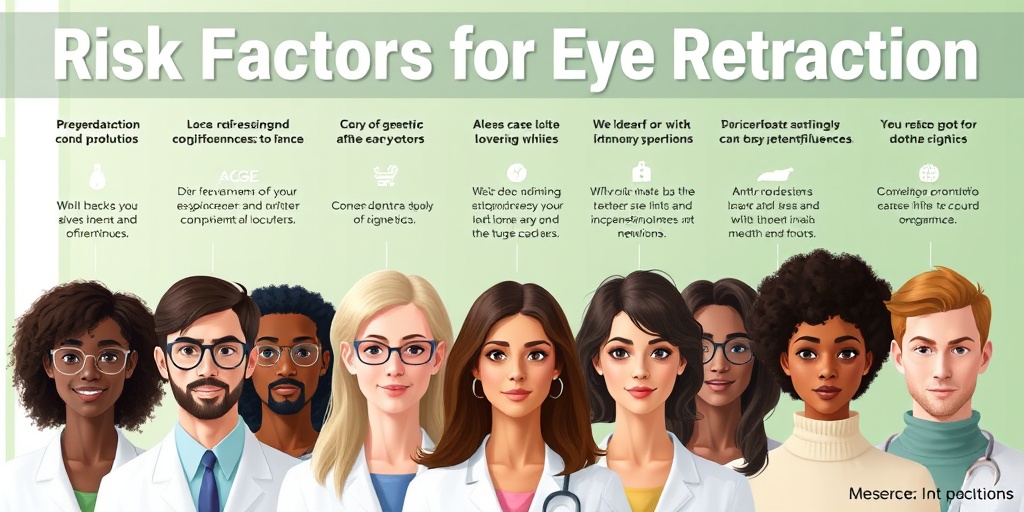 A diverse group in a clinical setting illustrates risk factors for Eye Retraction, with a professional green and white palette.  3.png