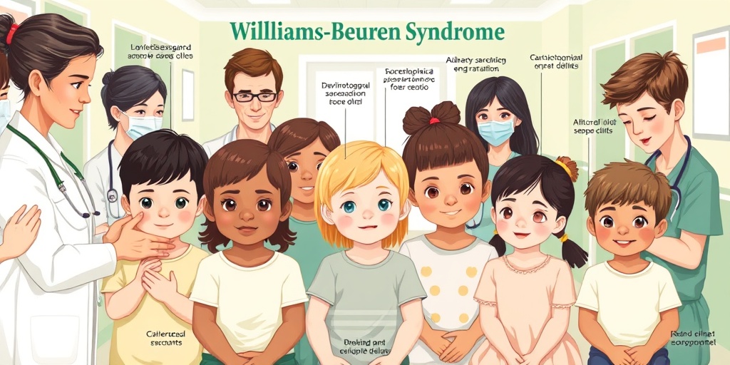 A diverse group of children in a clinic illustrates Williams-Beuren Syndrome symptoms, showcasing care and support from professionals. 2.png